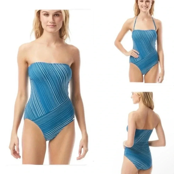 Vince Camuto Spliced Bandeau One Piece Swimsuit - Savona Stripe Color Limoncello - Picture 1 of 9